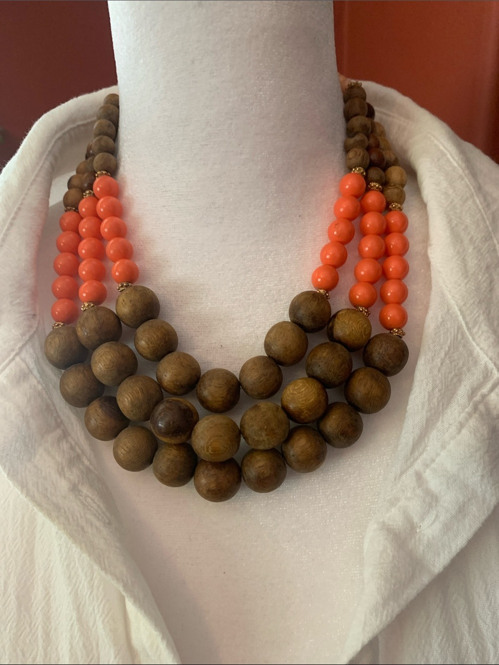 R.J. Graziano Coral and Wood Multi-Strand Bead Necklace